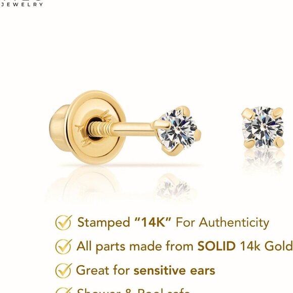 14k Yellow Gold Solitaire Round Cubic Zirconia Stud Earrings in Secure Screw-bac - Picture 3 of 6